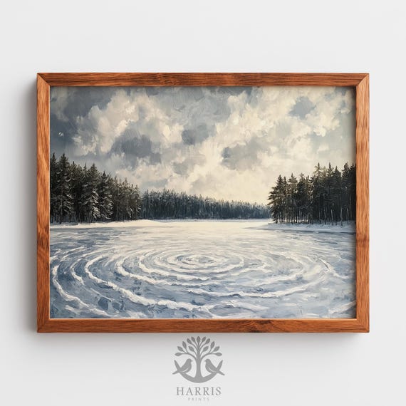 Wintry Landscape Painting Moody Frozen Lake Scene Rustic Winter Art Vintage Evergreen Forest Serene Wall Decor 559