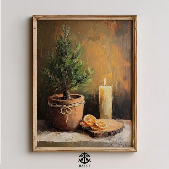 Festive Potted Pine Tree Art Cozy Rustic Winter Still Life Moody Vintage Decor Candlelit Scene Classic 328