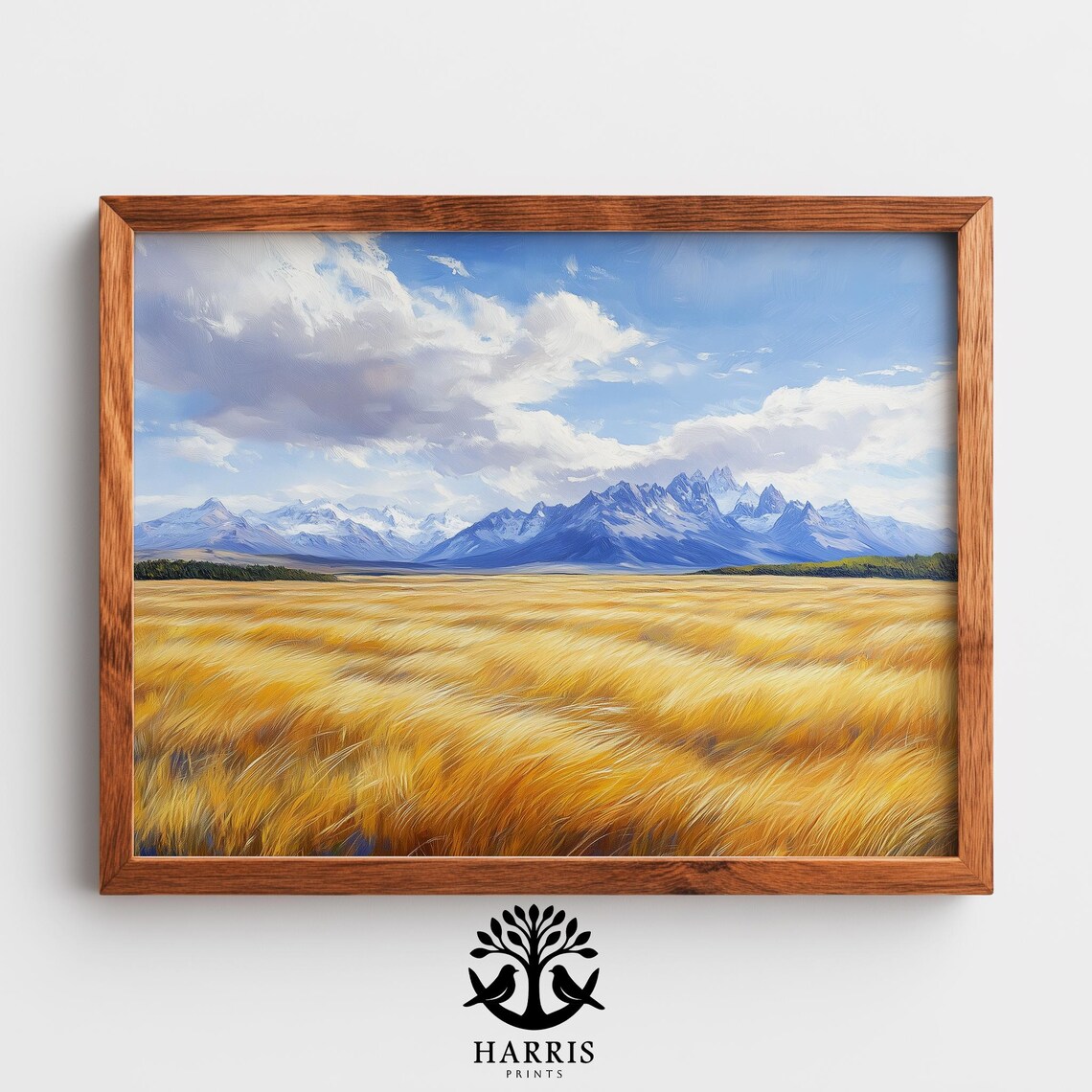 Golden Wheat Field Snowy Mountains Oil Painting Prairie Wall Art