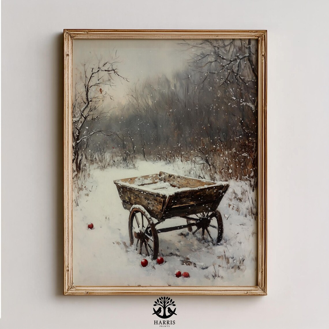 Wooden Cart Snowy Field Scattered Apples Winter Farm Art Print