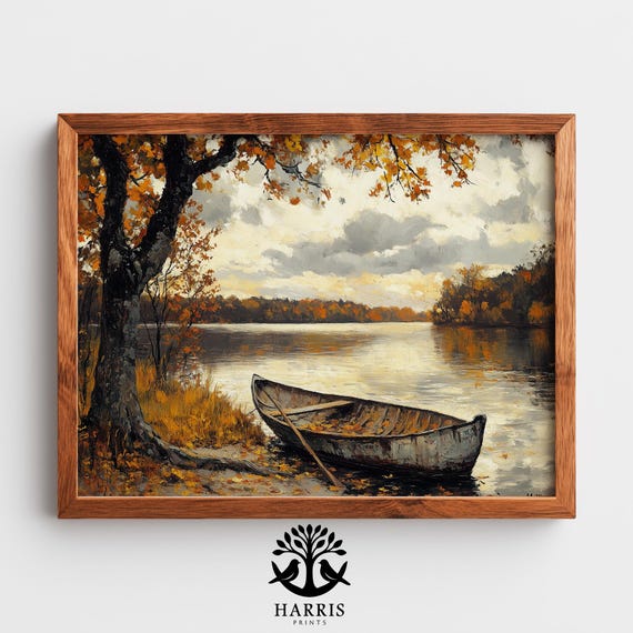 Moody Autumn Lake With Rustic Rowboat Vintage Landscape Cozy Earthy Decor Tranquil Reflection Art 355