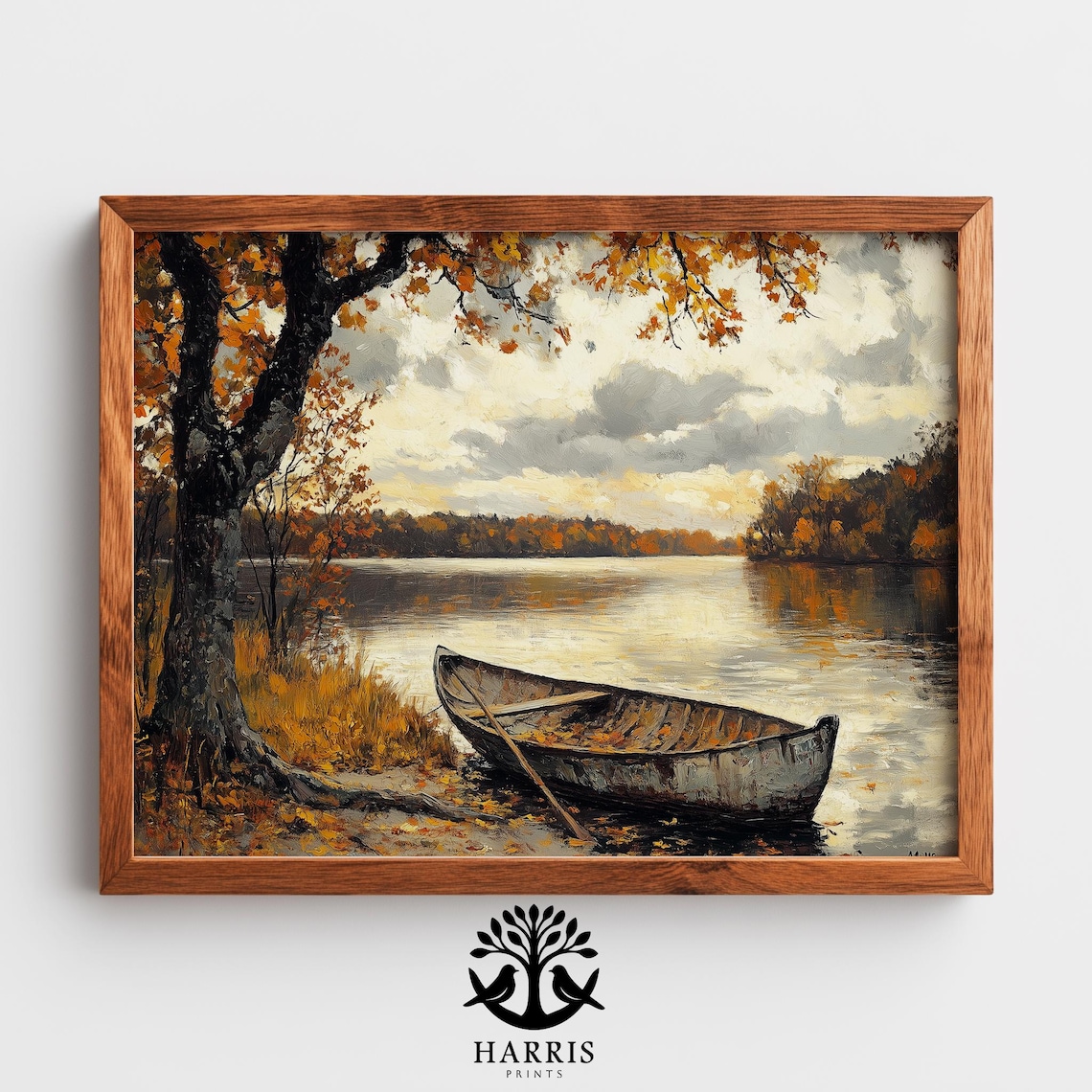 Autumn Lake Rowboat Golden Foliage Tranquil Oil Painting Wall Art