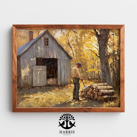 Rustic Farmhouse Autumn Scene Man Chopping Firewood Vintage Barn Painting Cozy Countryside Art Earthy Pastoral Decor 315