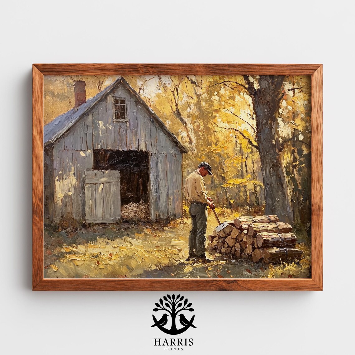 Woodcutter Chopping Firewood By Rustic Barn Autumn Oil Painting Print