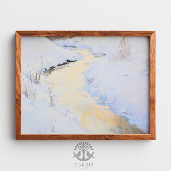 Moody Winter Landscape Rustic Snowcovered Stream Art Minimalist Vintage Handpainted Decor Instant Wall 530