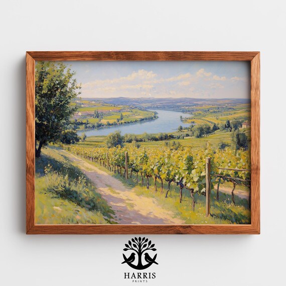 Green Vineyard River Valley Sunny Hillside Oil Painting Wall Art