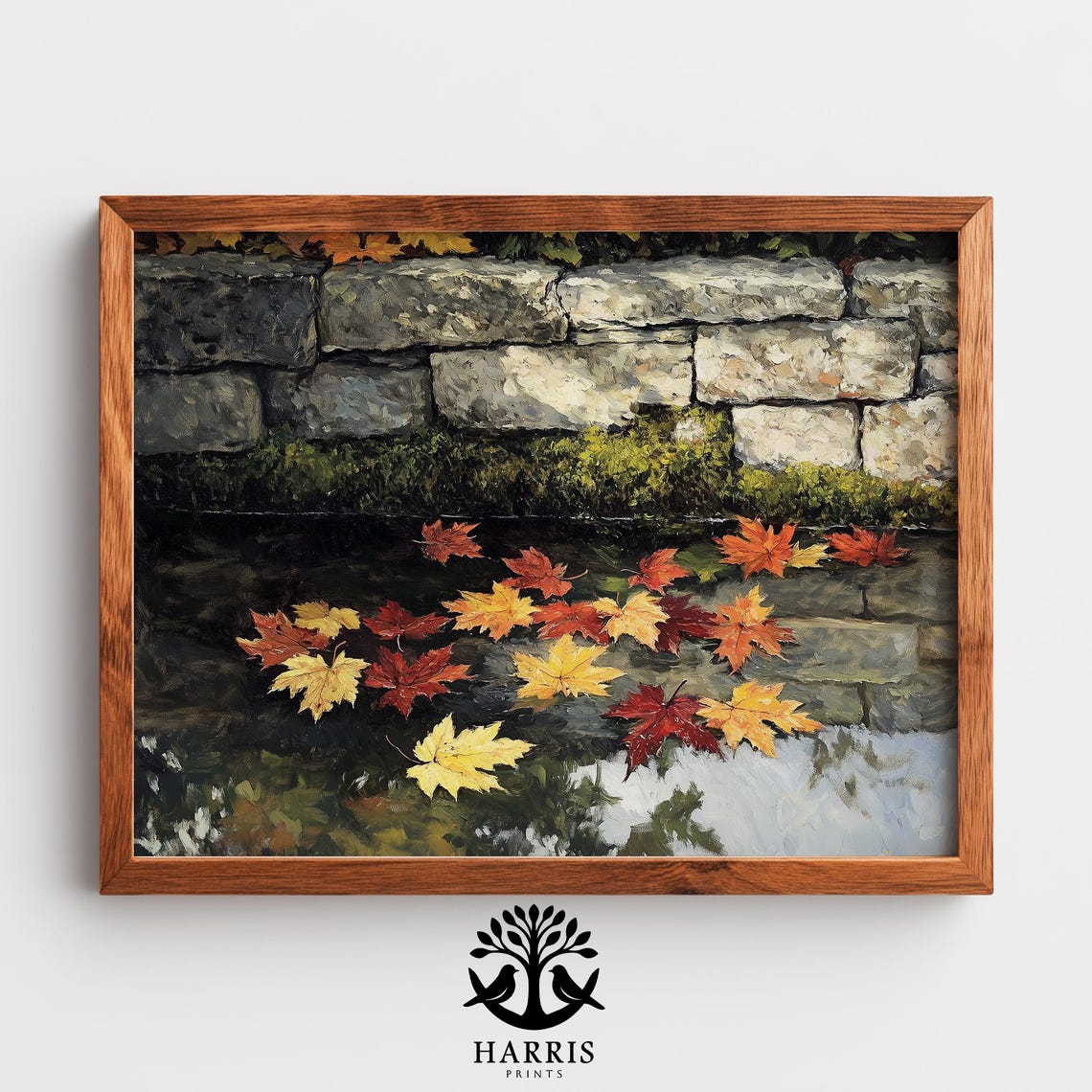 Fallen Maple Leaves On Puddle Print Moody Autumn Painting Rustic Fall Wall Art Earthy Seasonal Decor Realistic 427