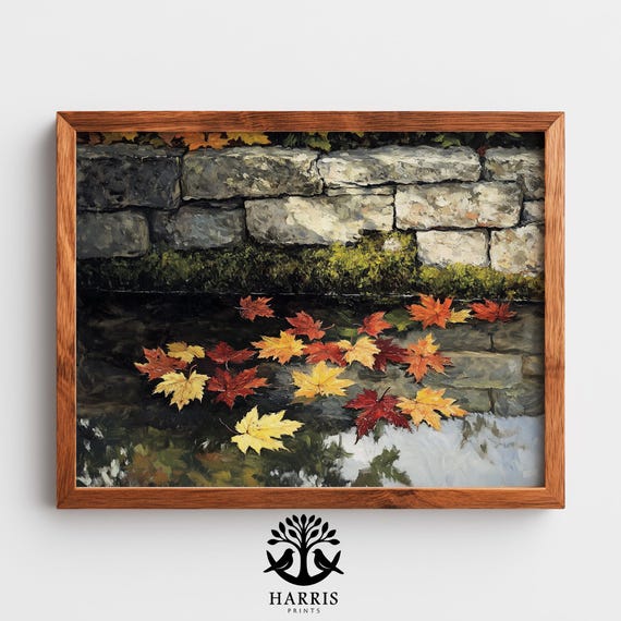 Fallen Maple Leaves On Puddle Print Moody Autumn Painting Rustic Fall Wall Art Earthy Seasonal Decor Realistic 427
