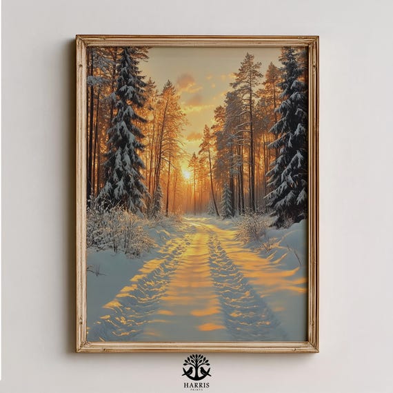 Winter Forest Clearing At Golden Hour Cozy Snowy Path Art Rustic Wall Decor Serene Painterly Snow Scene Landscape 457