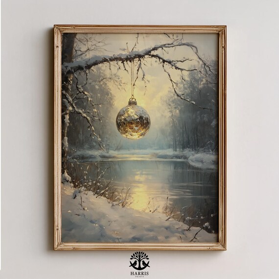 Golden Christmas Ornament on Snowy Branch Winter Dusk Poster