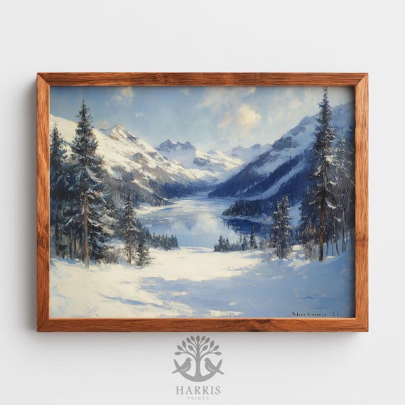 Moody Winter Landscape Print Serene Valley With Frozen Lake Vintage Style Wall Art Snowy Evergreen Classic 548