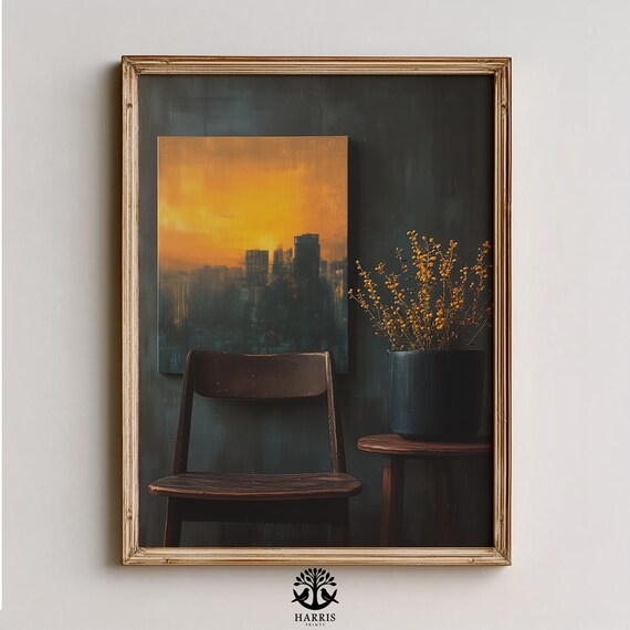 Modern Moody Nighttime Plant Art Urban Decor Minimalist Indoor Painting Cozy City Skyline Interior 457