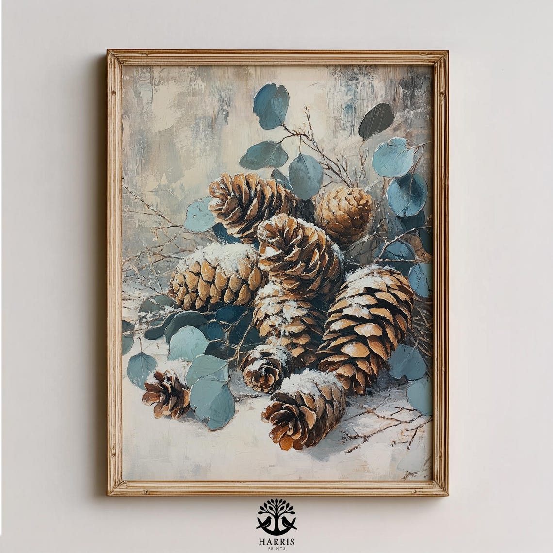 Snowy Pinecone Eucalyptus Winter Still Life Rustic Art Poster