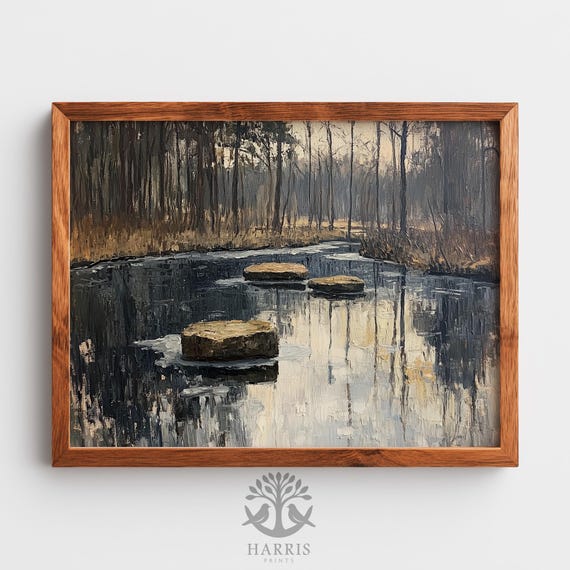 Moody Winter Landscape Frozen Stream With Thawing Ice Rustic Art Neutral Decor Subtle Warm Highlights 529