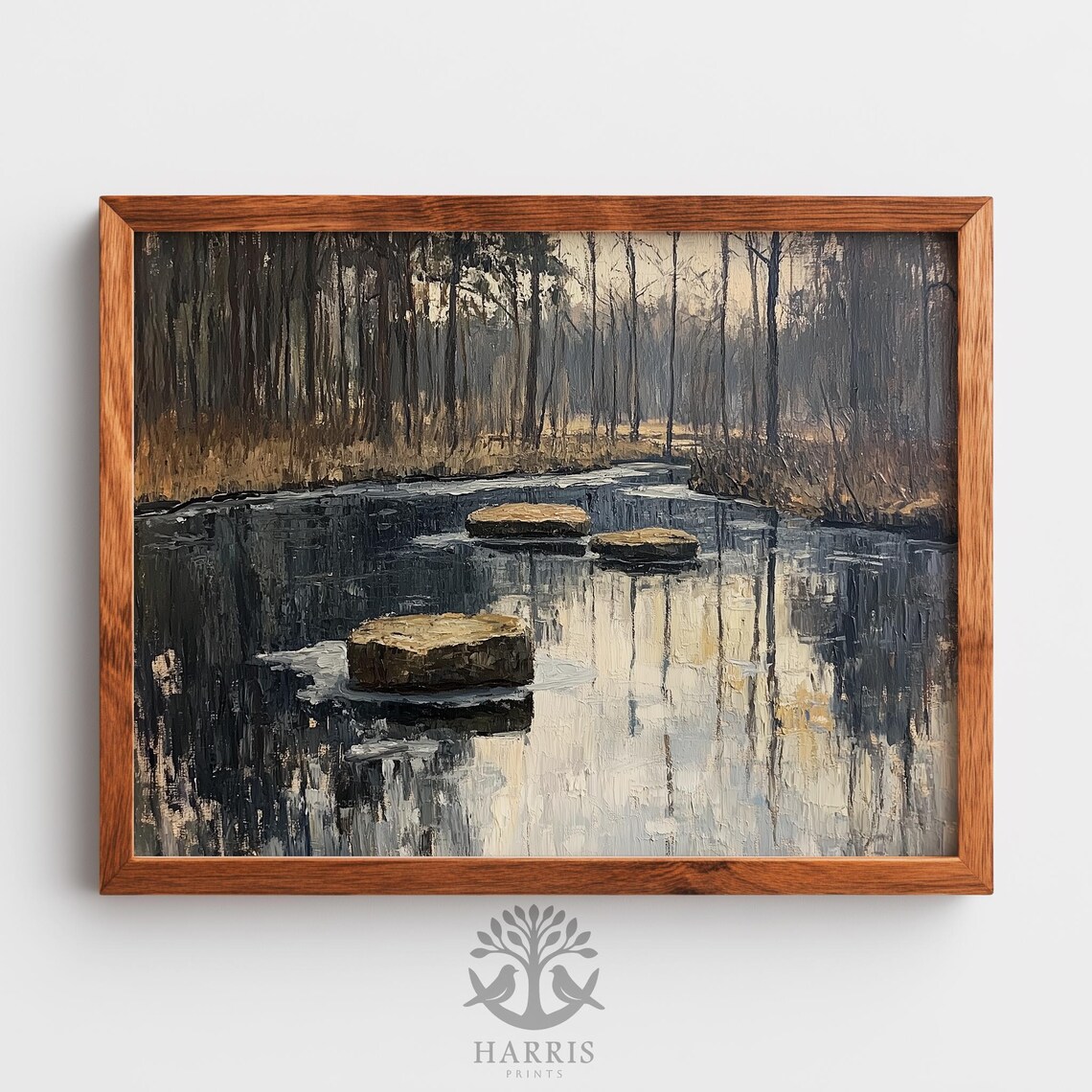 Moody Woodland Stream Stepping Stones Dark Oil Painting Poster