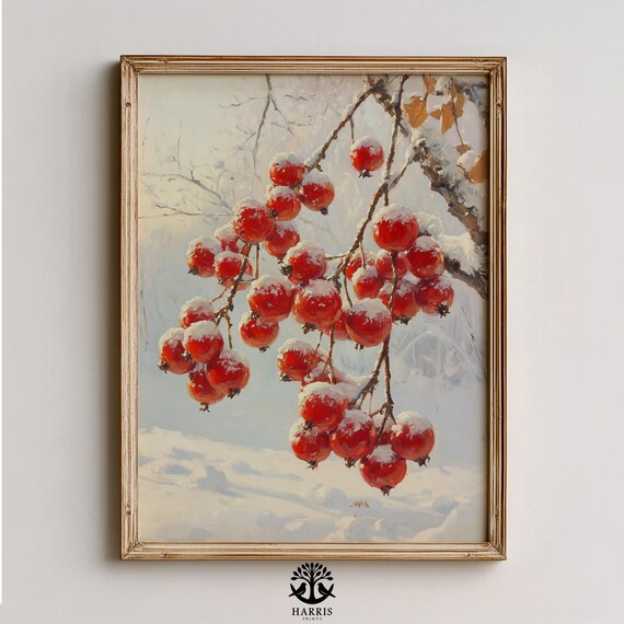 Vintage Frostcovered Red Berries Art Moody Winter Botanical Scene Rustic Wall Decor Cool Tones 501