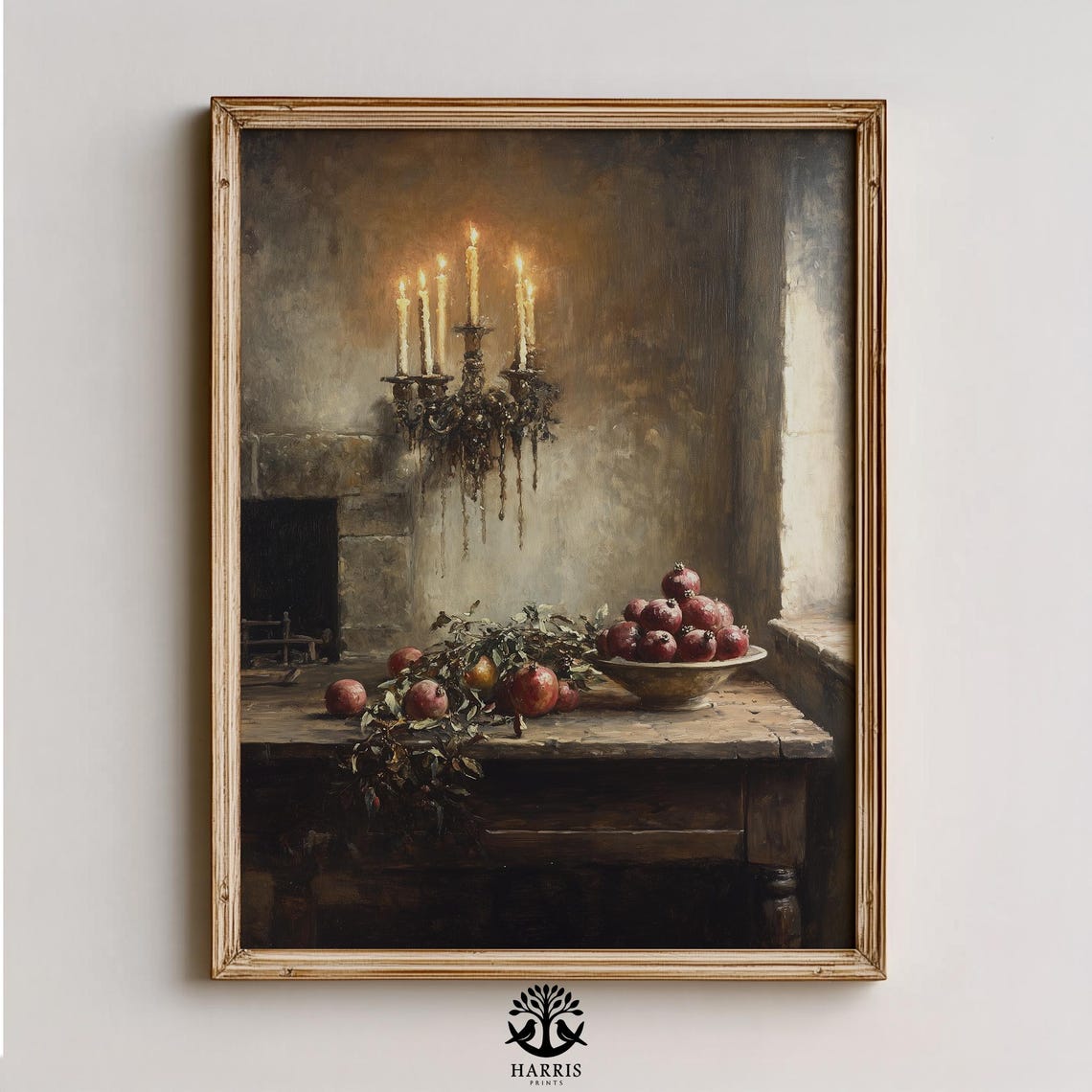 Candlelit Pomegranate Still Life Rustic Table Moody Oil Poster