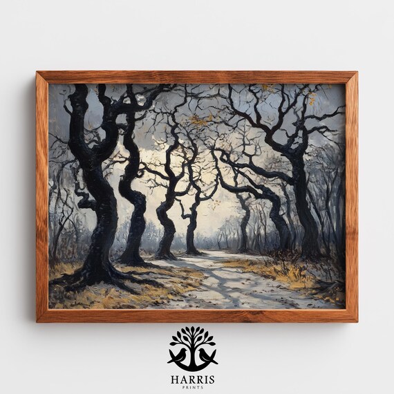 Moody Forest Entrance Wall Art Rustic Autumn Ash Trees Vintage Gothic Landscape Halloween Decor 439