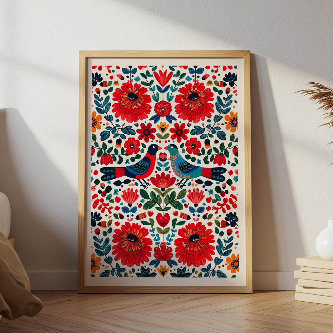 Polish Folk Art Colorful Birds and Flowers Red Floral Decor Poster