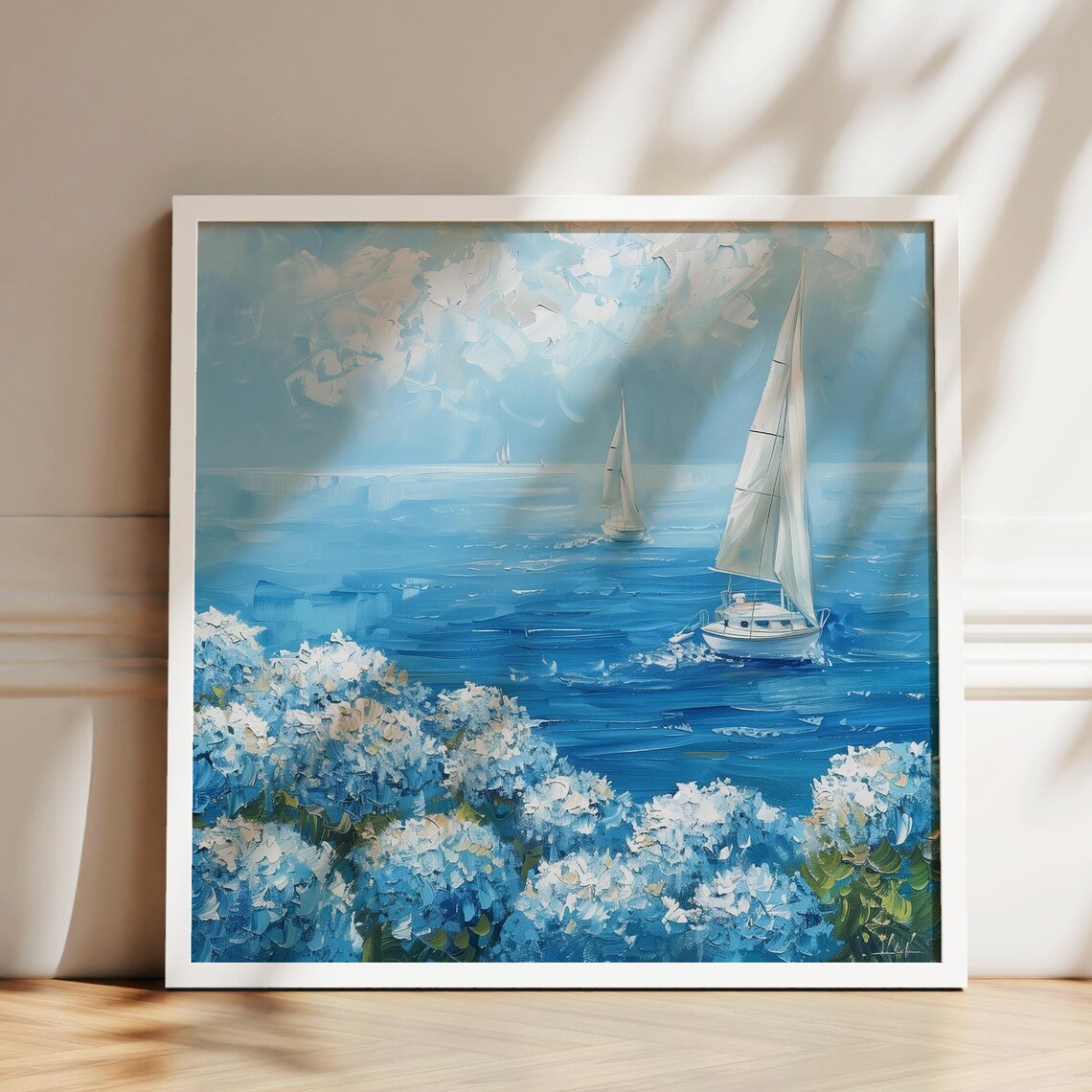 Coastal Sailboats on Blue Sea with Hydrangea Blooms Painting Poster