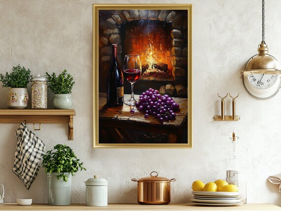 Red Wine and Grapes Still Life Painting by a Fireplace Poster