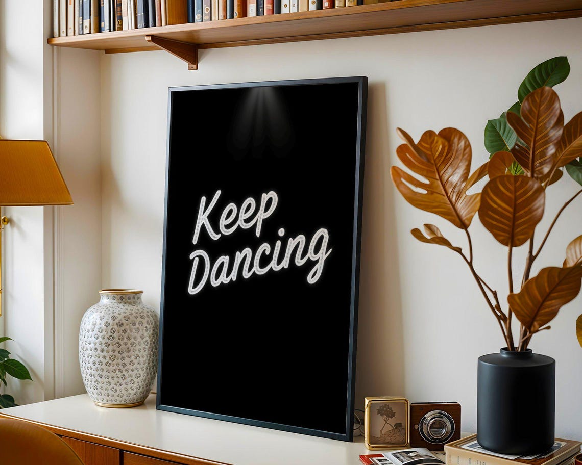 Keep Dancing Neon Script Sign on Black Motivational Wall Decor Poster - Image 2