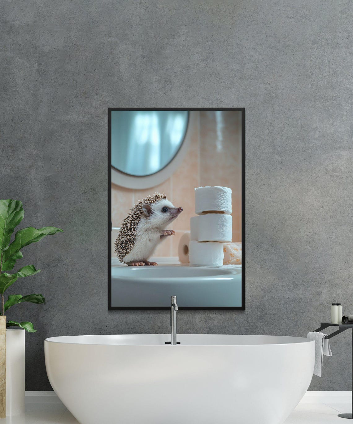 Curious Hedgehog on a Bathroom Sink Beside Toilet Paper Rolls Poster - Image 2
