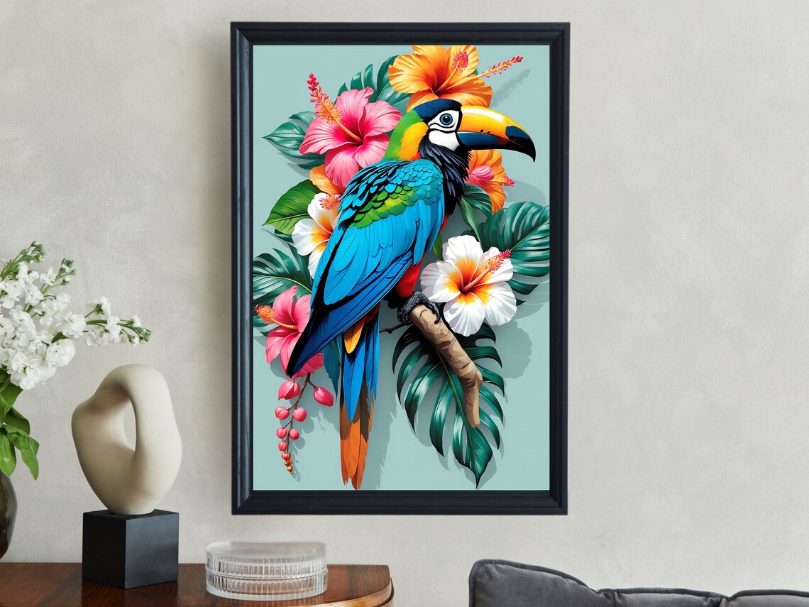 Colorful Toucan Among Hibiscus And Tropical Leaves Art Poster