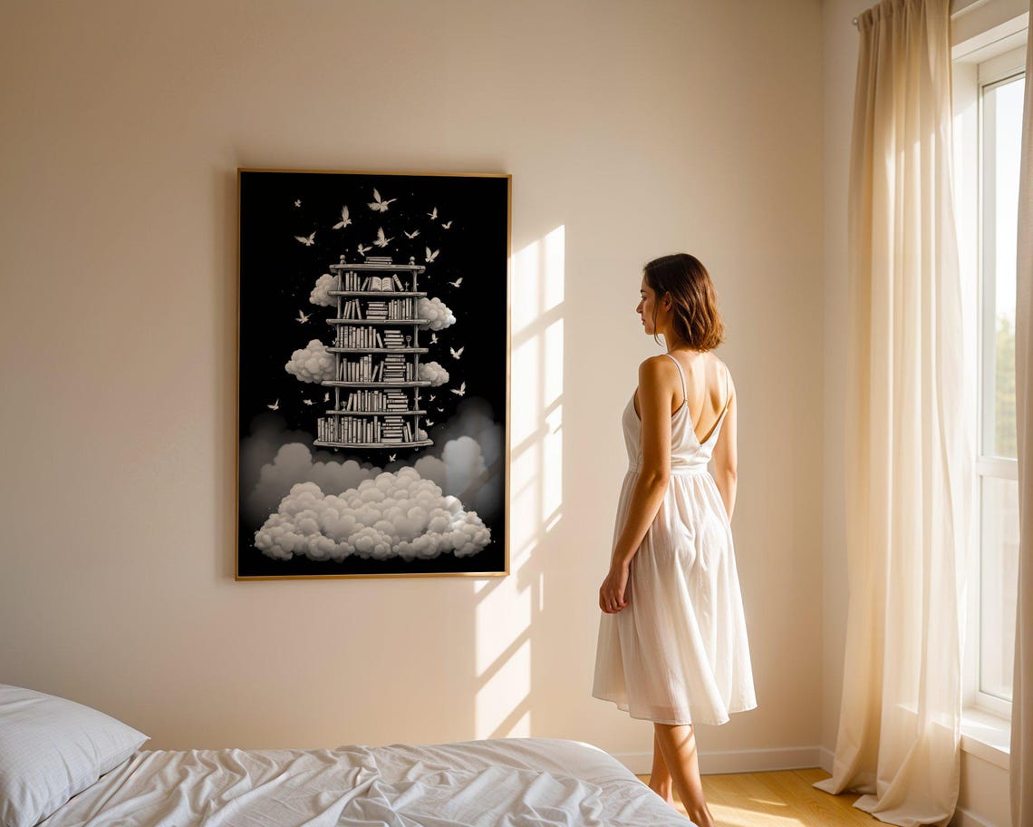 Floating Bookshelf Among Clouds And Doves Black White Poster - Image 5
