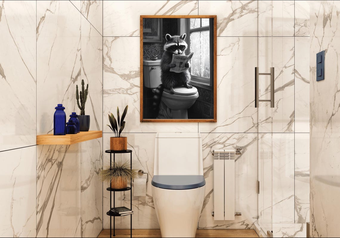 Raccoon Sitting On Toilet Reading Newspaper Black And White Poster - Image 4