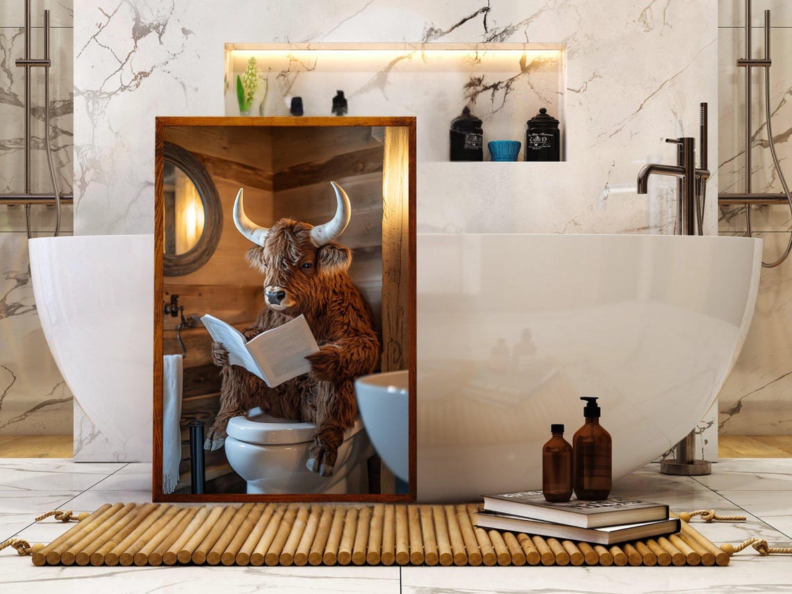 Highland Cow Reading a Book on the Toilet in a Rustic Cabin Poster - Image 5