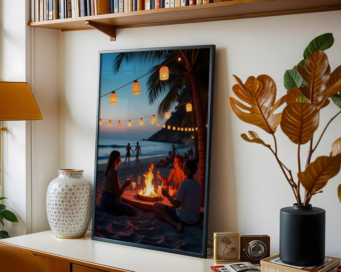 Coastal Beach Night Art Print, Romantic Firepit Scene - Image 3
