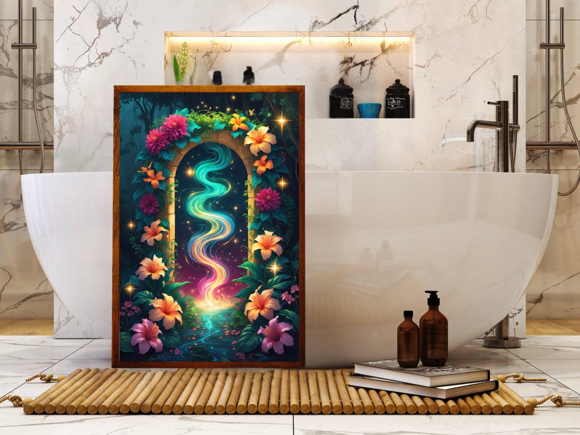 Magical Floral Archway Rainbow Light Hibiscus Night Art Print - Image 5