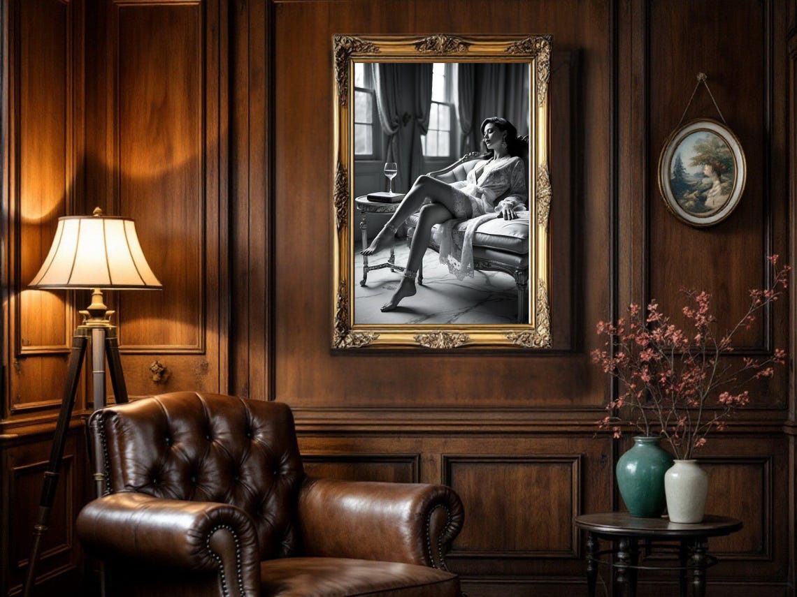 Romantic Black And White Boudoir Portrait Lace Robe Chaise Poster - Image 5