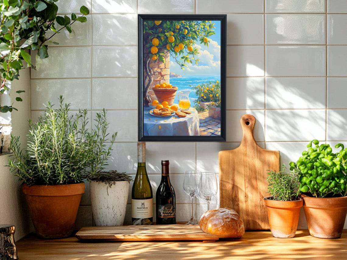 Lemon Grove Coastal Patio Sunny Mediterranean Seaside Scene Poster - Image 2