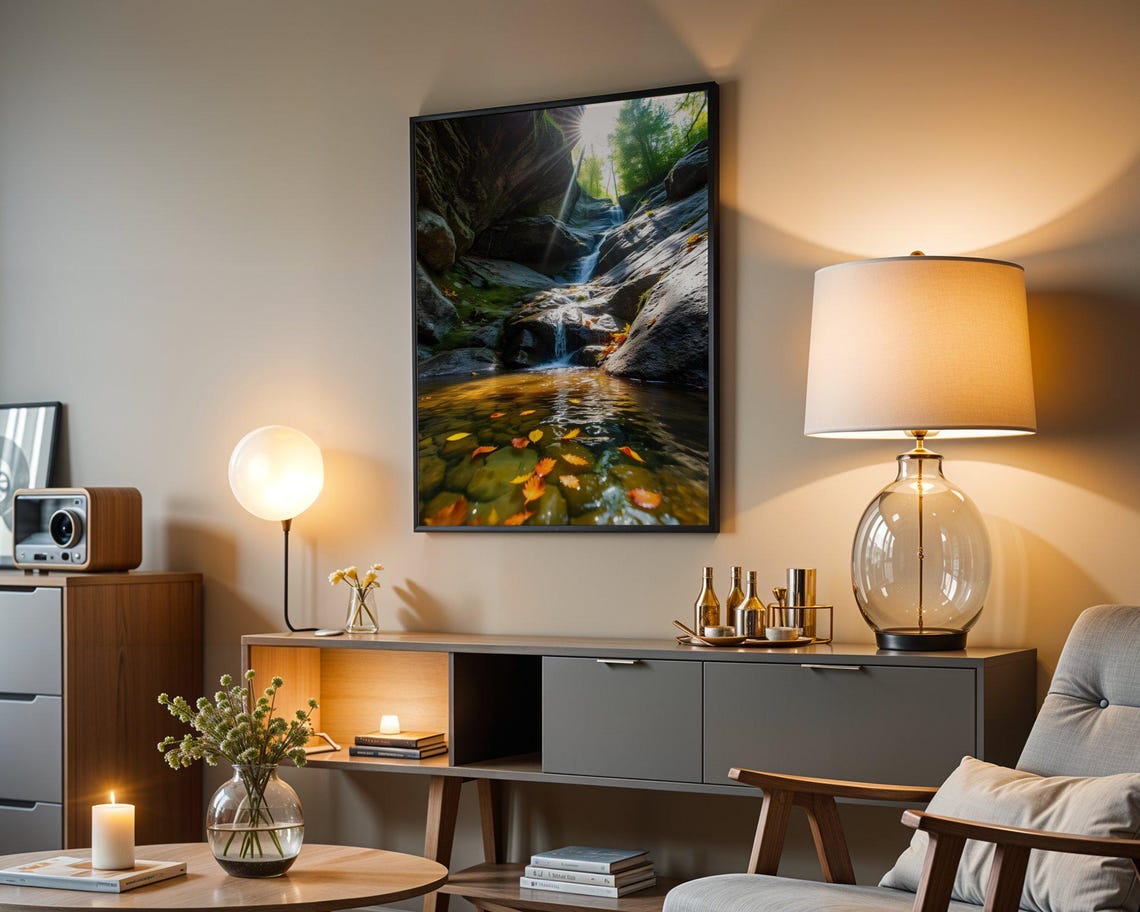 Forest Waterfall With Autumn Leaves Floating in Sunbeams Poster - Image 5