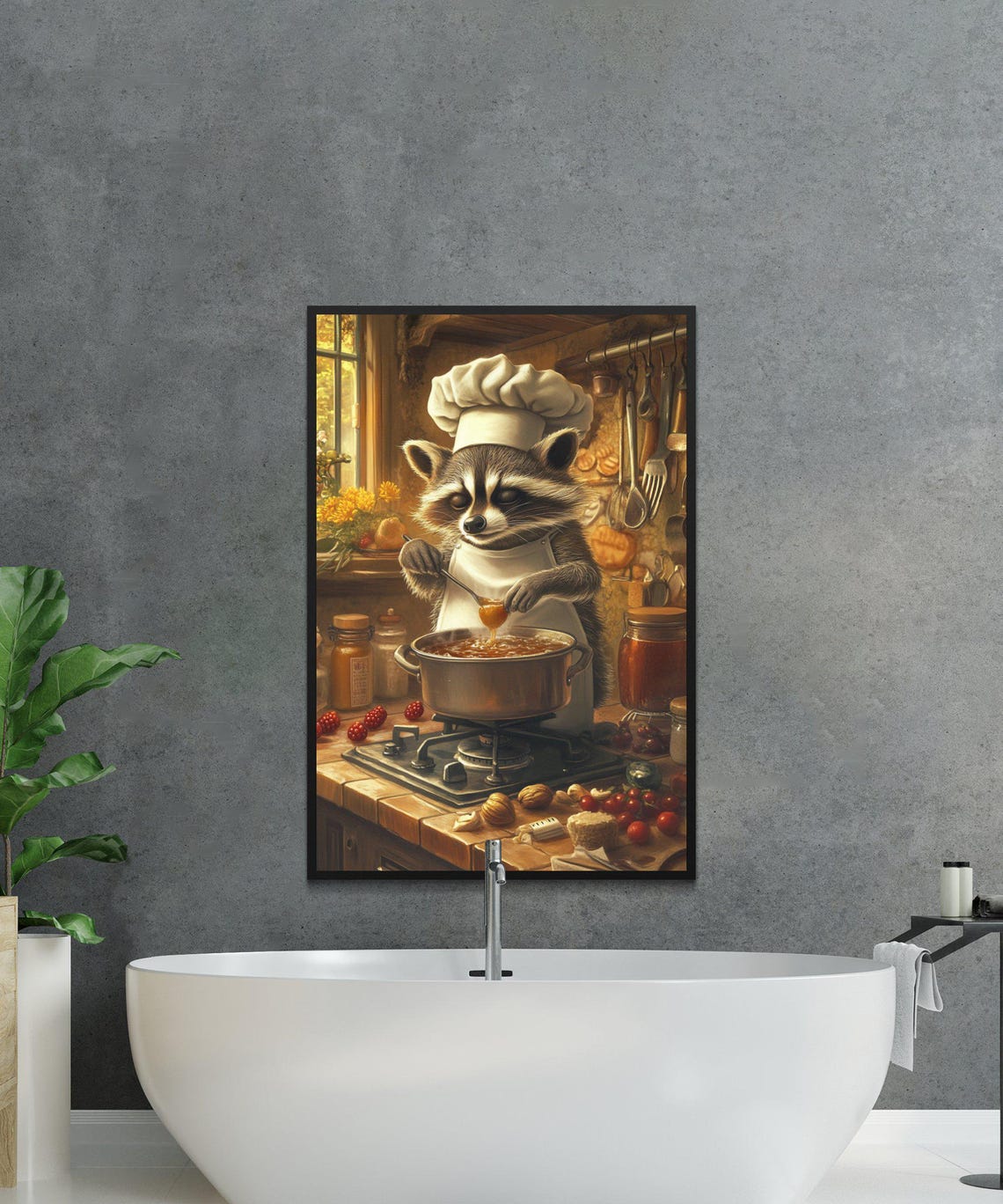 Raccoon Chef Stirring Soup in a Rustic Farmhouse Kitchen Poster - Image 2