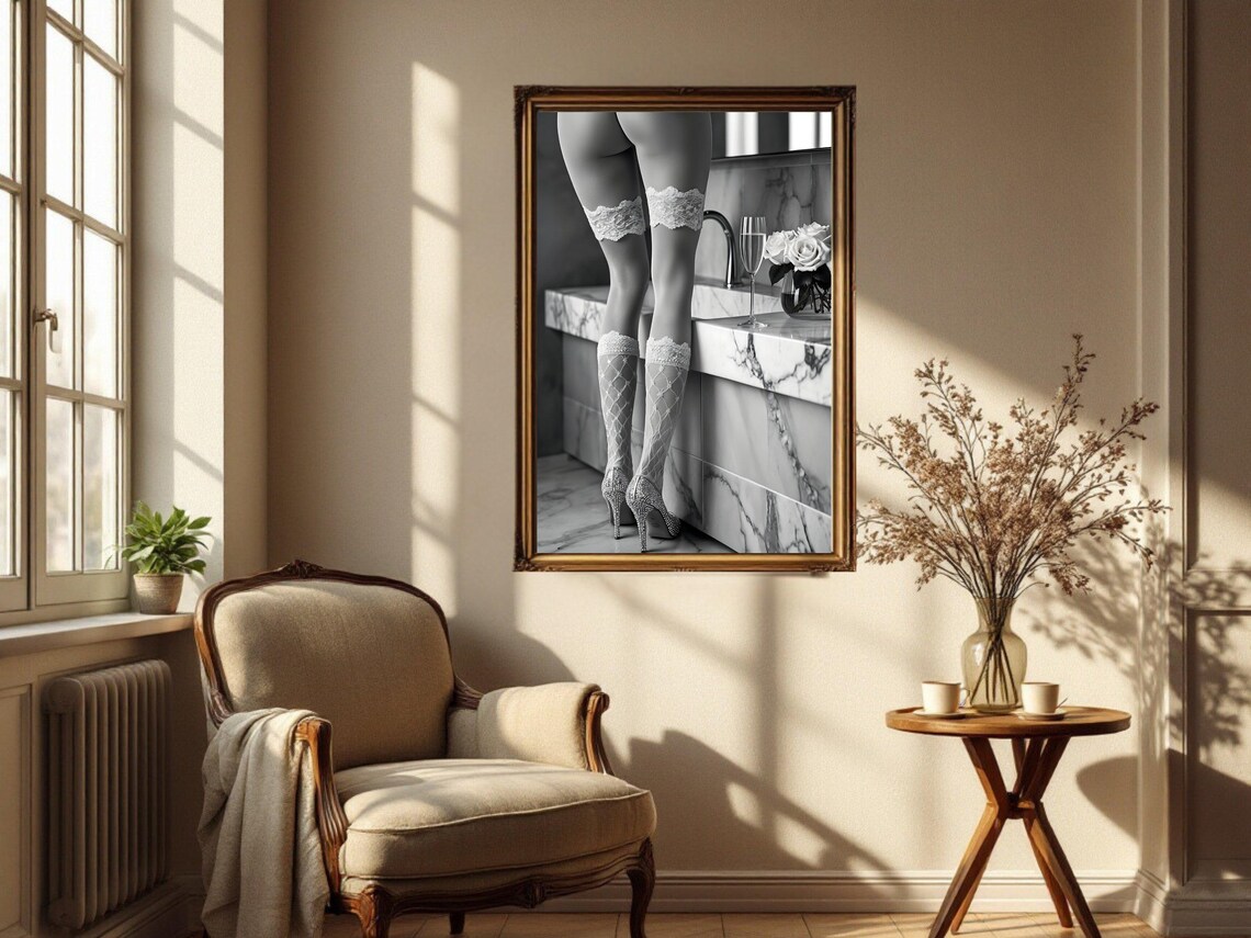 Elegant Legs In Lace Garter Stockings And Heels Boudoir Poster - Image 2