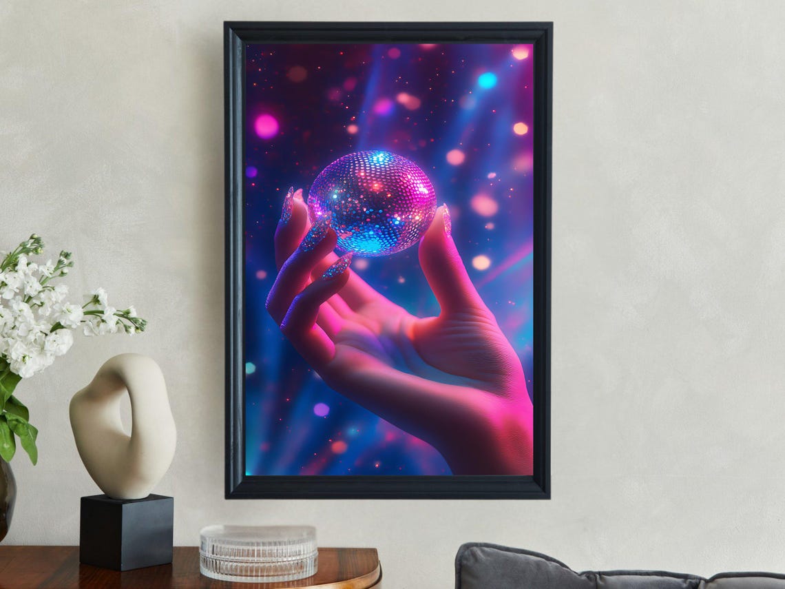 Hand Holding Glowing Disco Ball Under Neon Purple Party Lights Poster