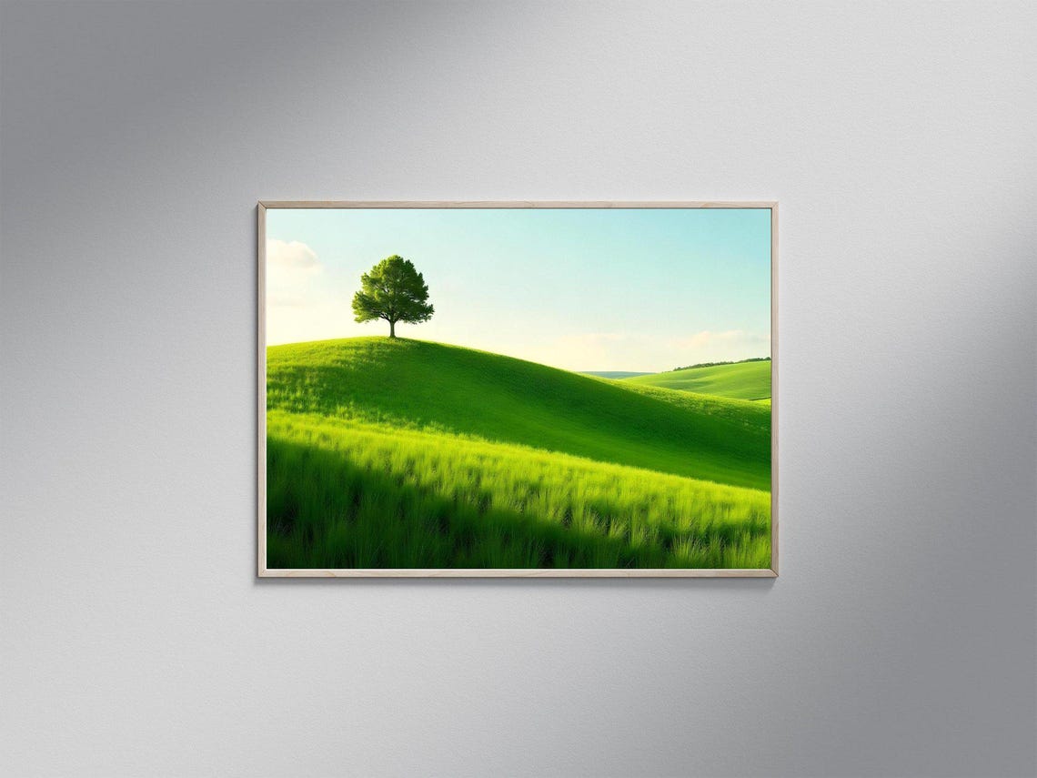 Lone Tree Standing On Rolling Green Hill Serene Landscape Poster