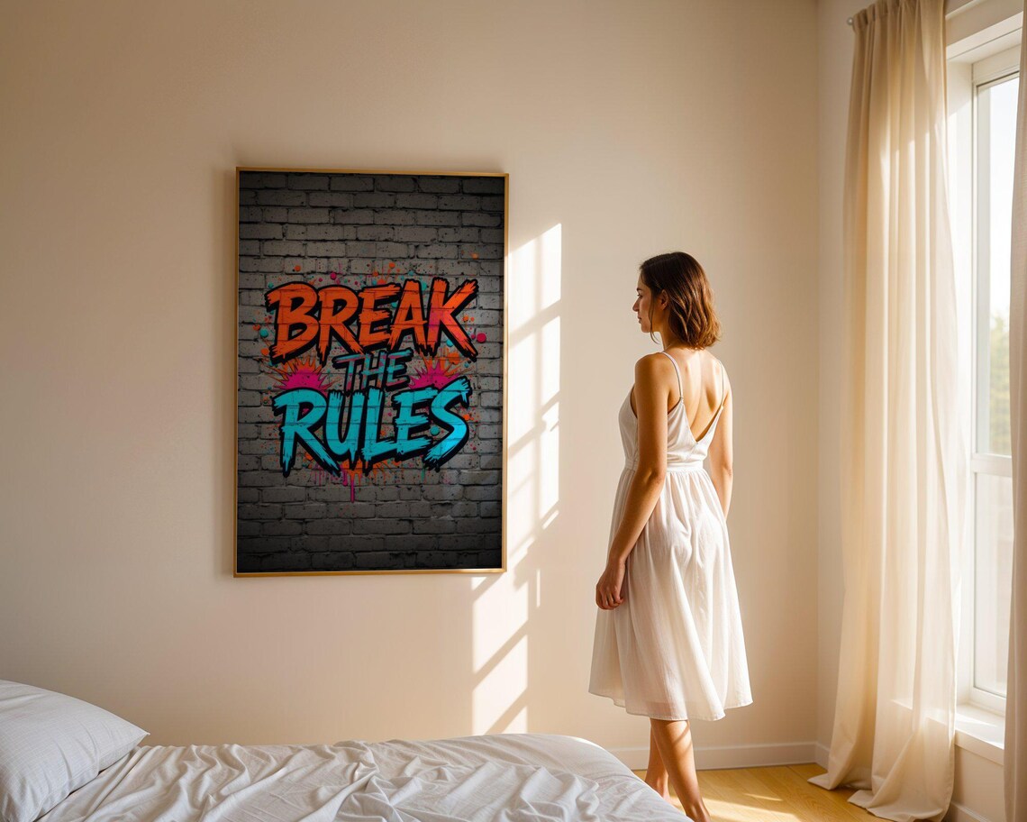Break the Rules Graffiti Brick Wall Quote Motivational Urban Street Art Poster - Image 5