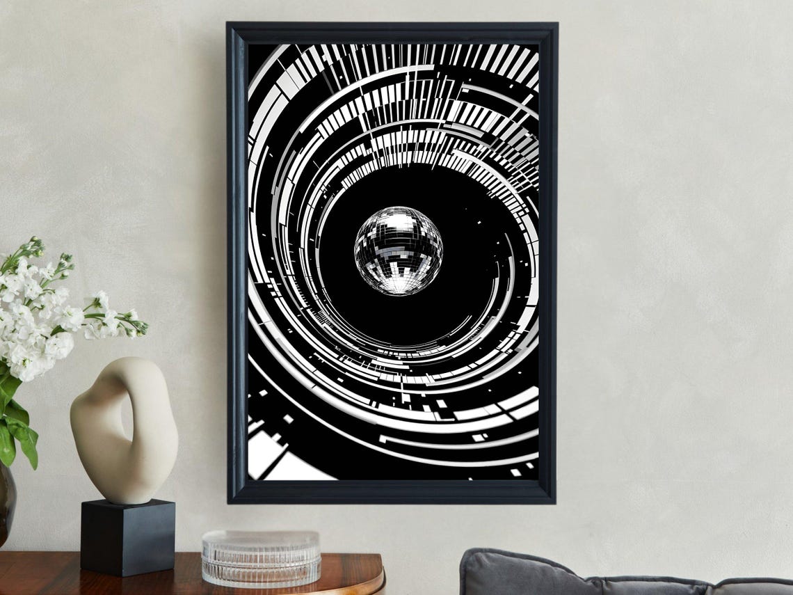Futuristic Geometric Disco Ball Sphere Black White Vortex Poster