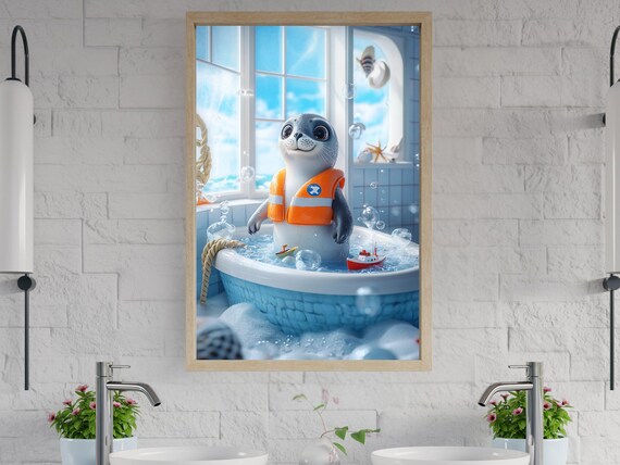 Cute Seal In Bath Art Print Adorable Bathroom Decor Kids Wall Art Cute Animal Illustration Nautical Theme Artwork Playful Seal Photo
