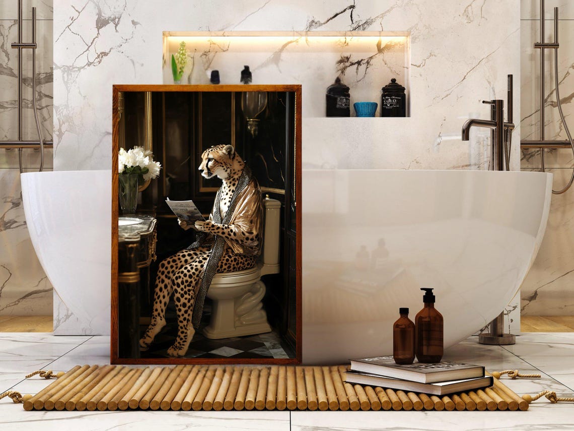 Elegant Cheetah in a Bathrobe Reading a Magazine on Toilet Poster - Image 5