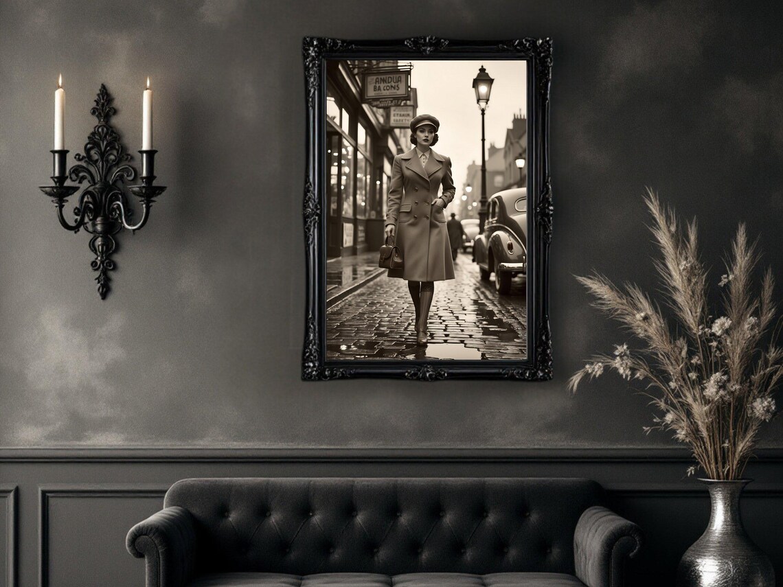 Vintage Street Style Wall Art Retro Woman Walking On Cobblestone Classic Fashion Poster Black And White Decor Timeless Photography Print - Image 4