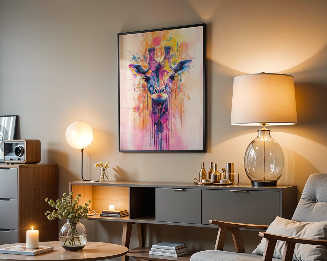 Colorful Geometric Watercolor Giraffe Head With Paint Drips Poster - Image 3