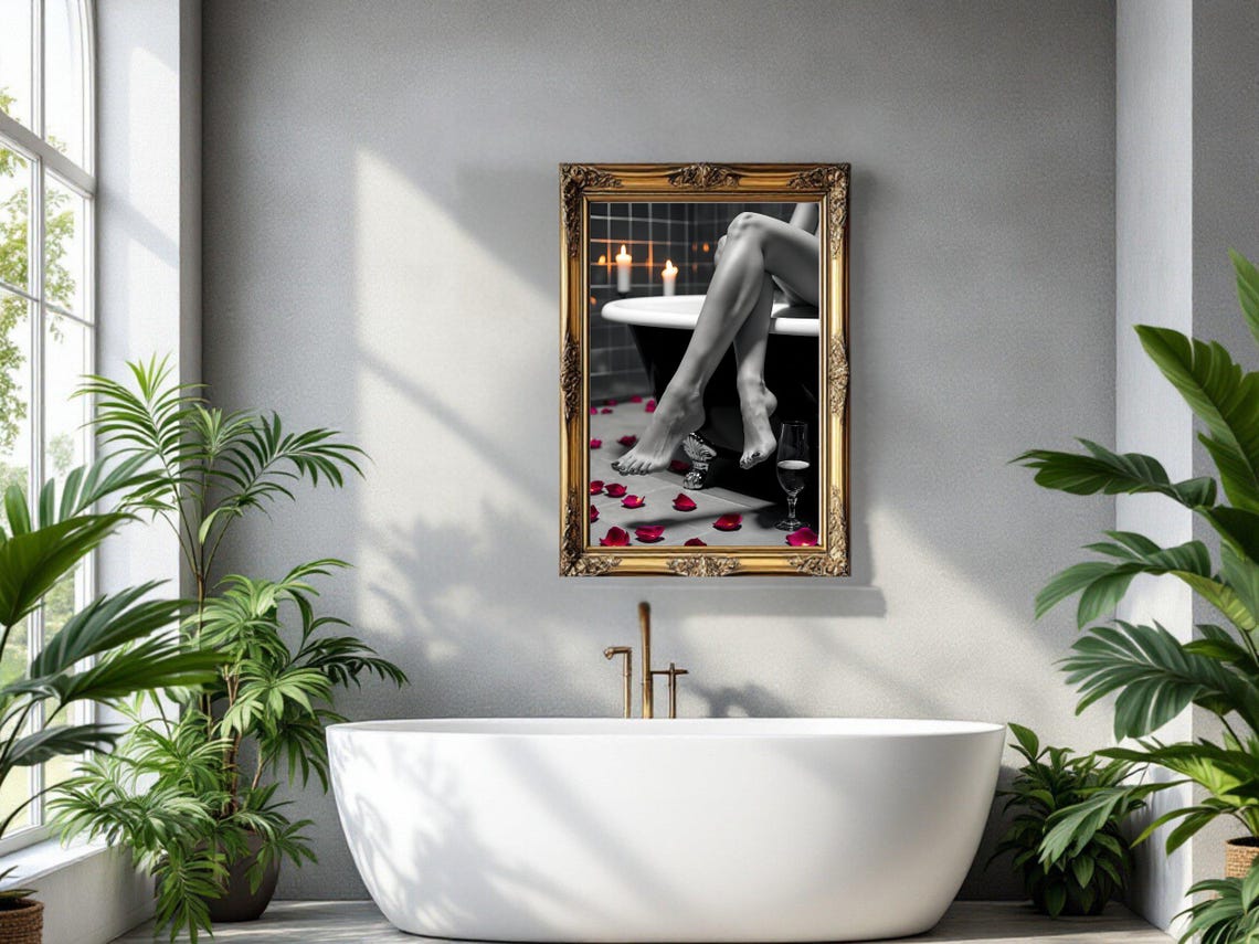 Bare Legs Dangling Over A Bathtub With Red Rose Petals Poster - Image 3