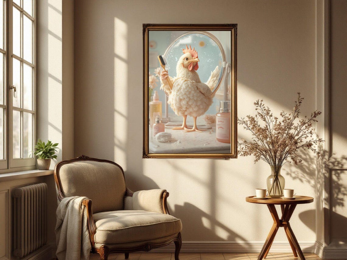 Charming White Hen Doing Her Beauty Routine at the Vanity Poster - Image 4