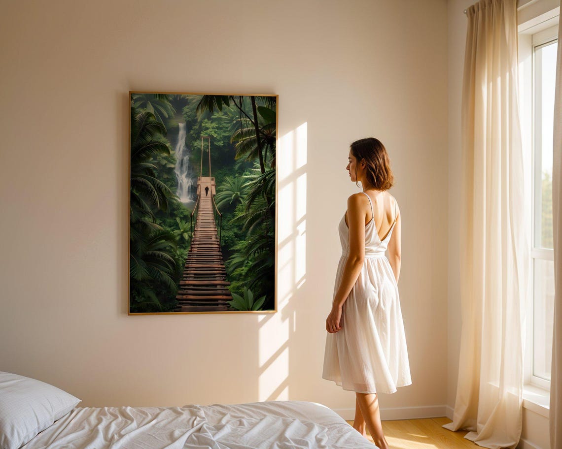 Long Suspension Bridge Crossing Over a Jungle Waterfall Poster - Image 2