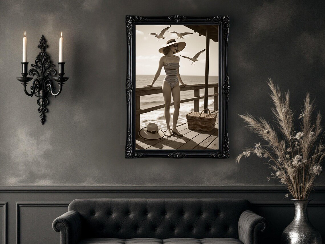 Woman in Vintage Striped Swimsuit on Beach Pier, Seagulls Poster - Image 4